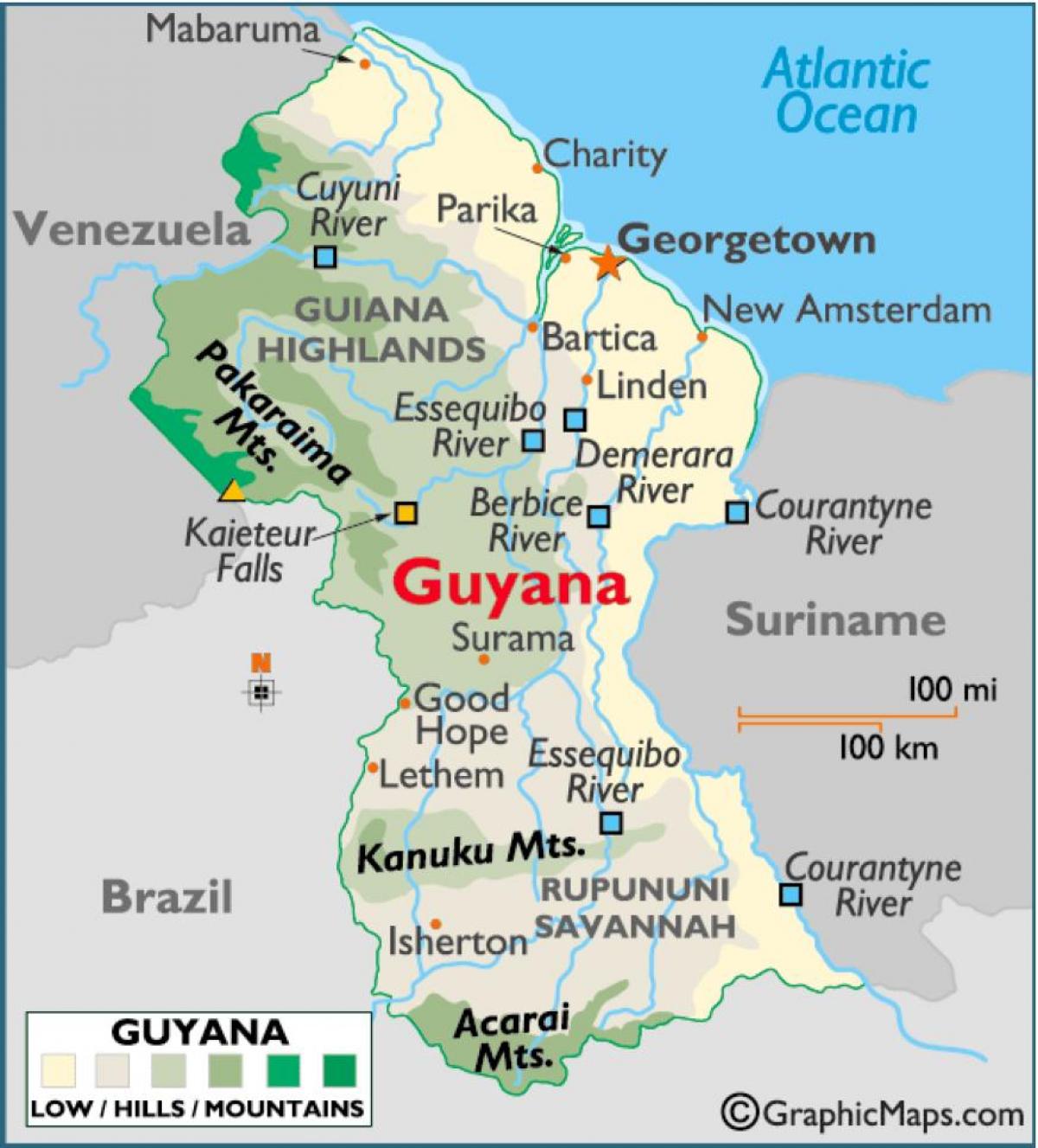 mapa ng Guyana ng pagpapakita ng mga saklaw ng bundok