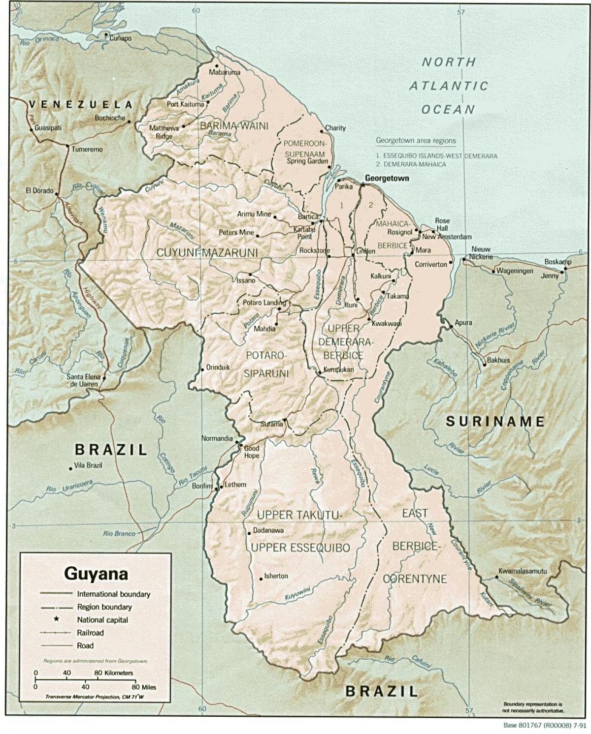 mapa ng Guyana ng pagpapakita ng mga tatlong mga county