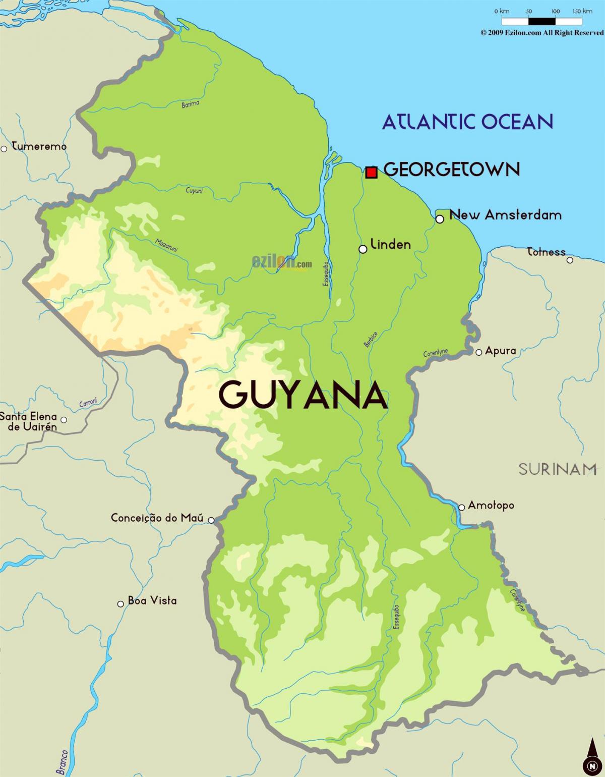 mapa ng pisikal na mapa ng Guyana