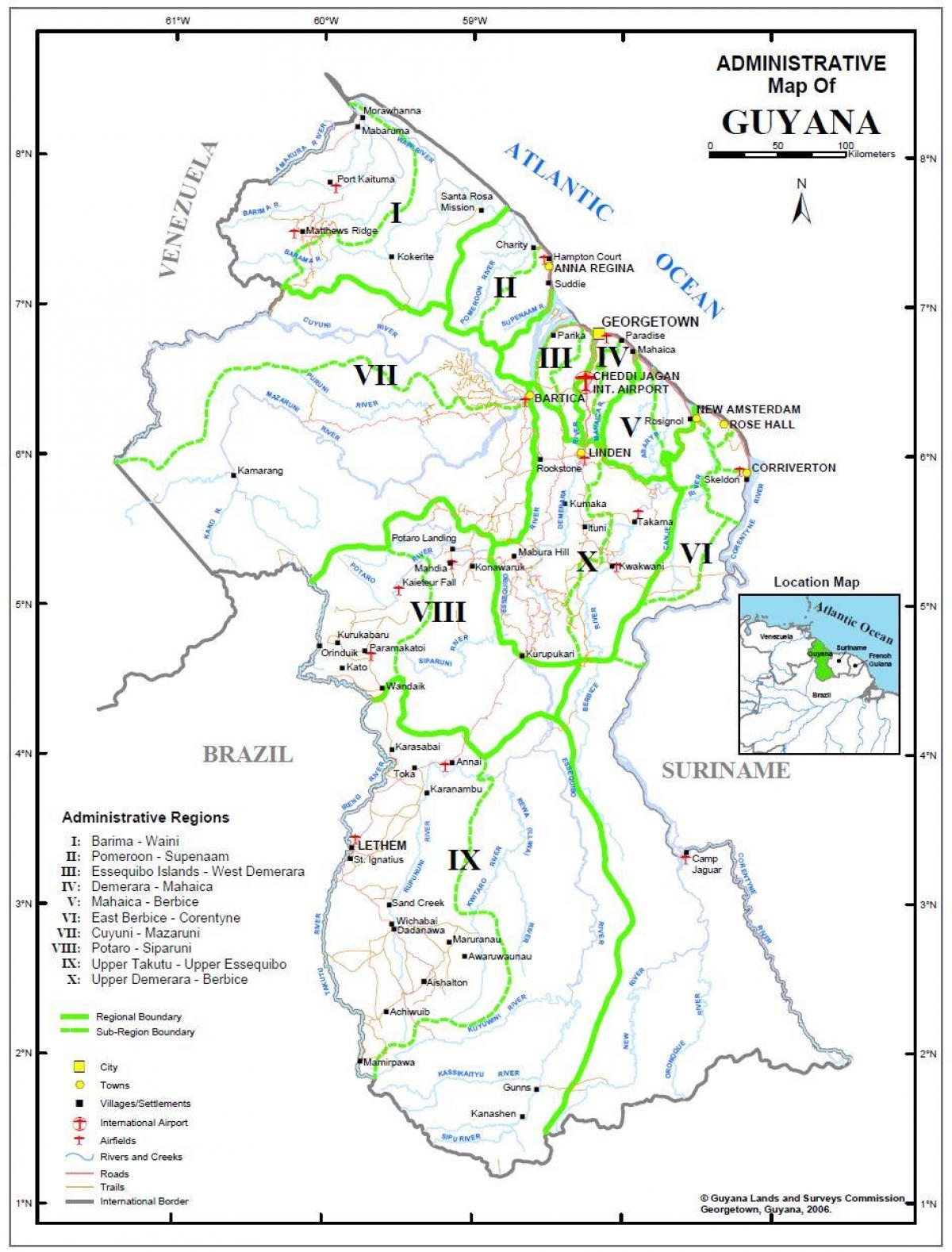 mapa ng Guyana ng pagpapakita ng mga rehiyon