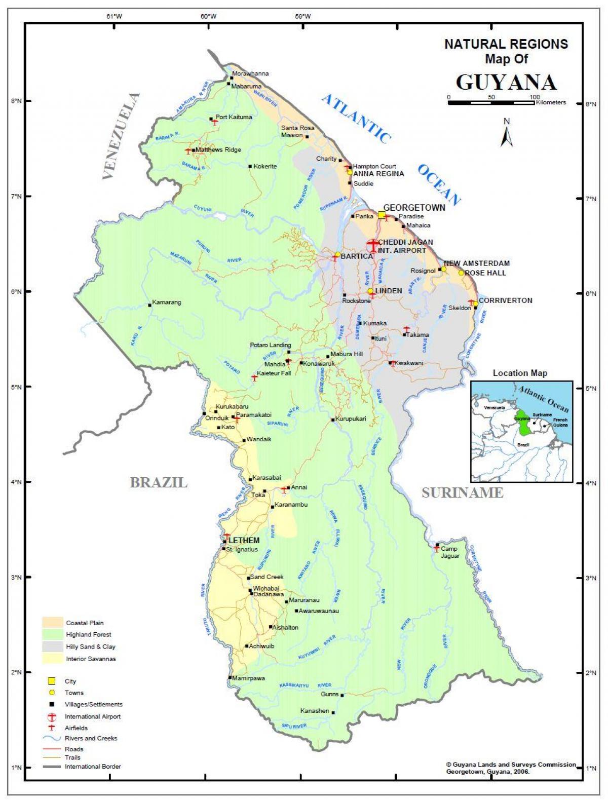 mapa ng Guyana ng pagpapakita ng mga 4 na natural na mga rehiyon