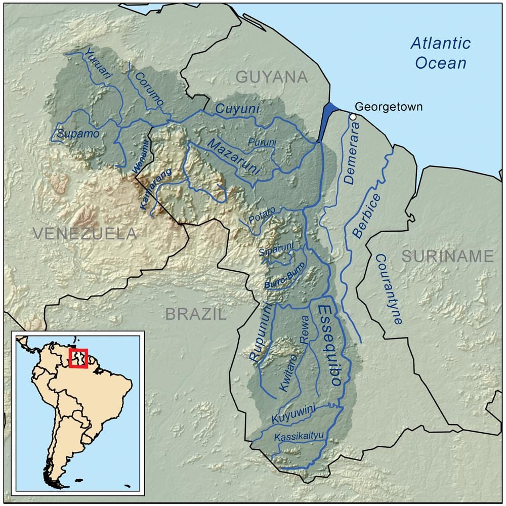 mapa ng Guyana ng pagpapakita ng mga ilog
