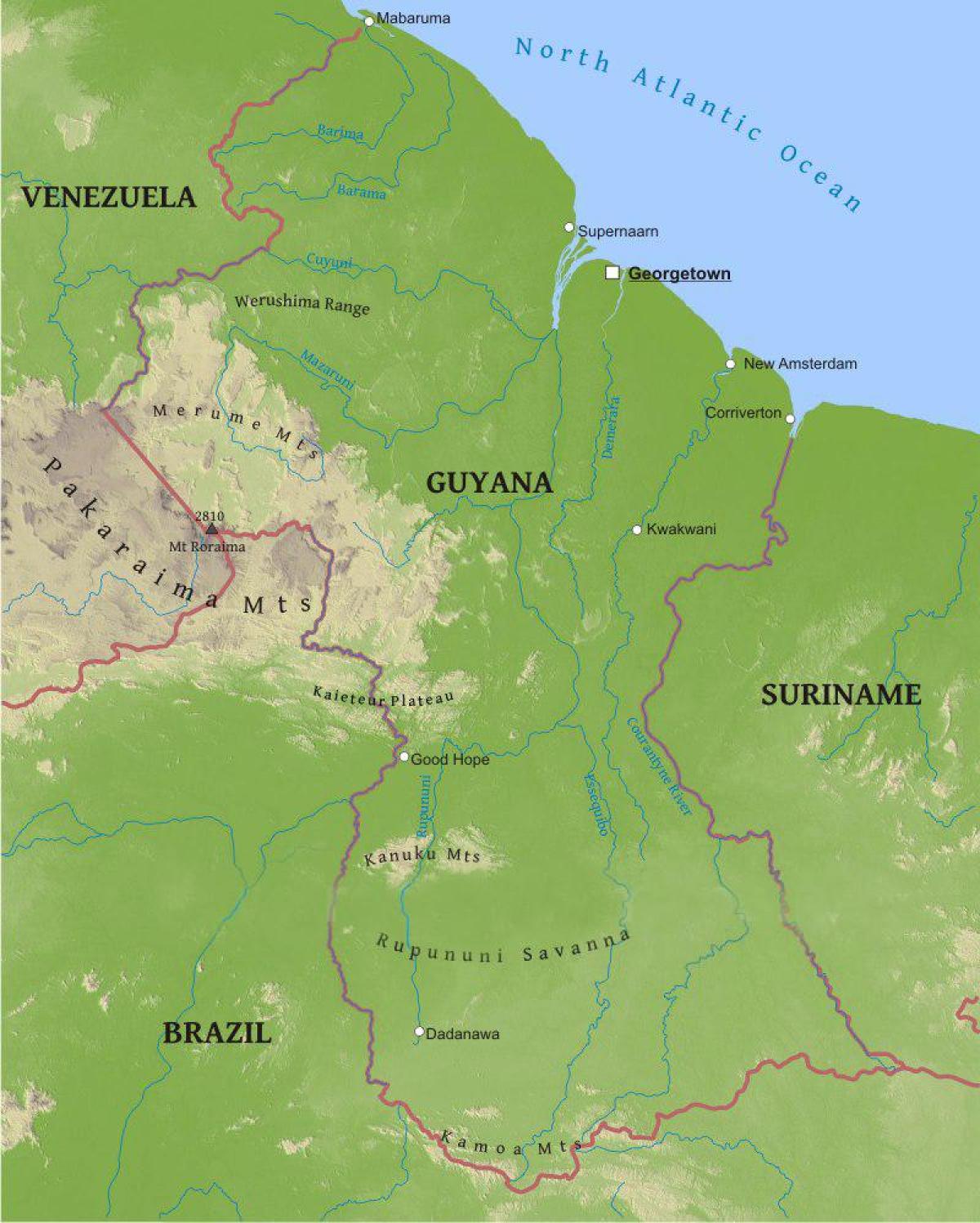 mapa ng Guyana ng pagpapakita ng mga mababang coastal plain