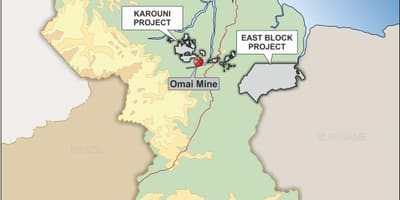 Mapa ng Guyana ng pagpapakita ng mga mapagkukunan ng mineral