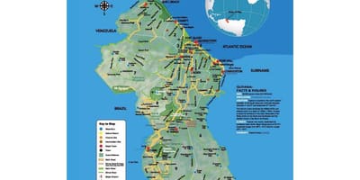 Mapa ng mapa na nagpapakita kung paano ang tatlong ruta ng kalakalan ay dumating sa Guyana