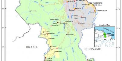 Mapa ng Guyana ng pagpapakita ng mga 4 na natural na mga rehiyon